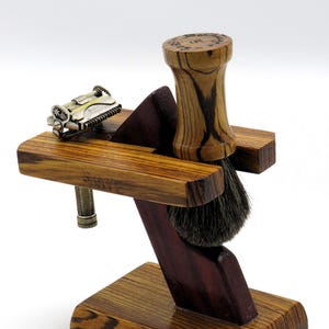 Handcrafted Zebrano, Padauk, Maple wood shaving stand. To hold a shaving brush and razor.