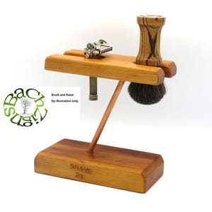 Handcrafted Pitch Pine wood shaving stand with copper upright for razor and shaving brush.