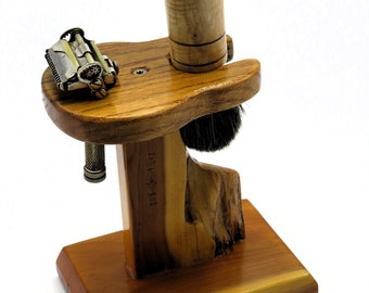 Handcrafted English Oak and Yew Shaving Stand For Shaving Brush And Razor, for traditional wet shaving.