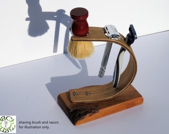 Handcrafted Pippy Oak Laminated Wood Curved Shaving Stand For Razor and Shaving Brush. A traditional wet shaving product.