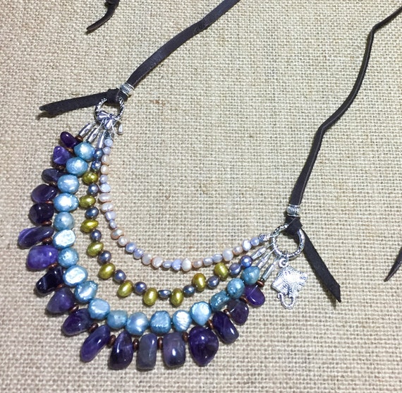 Amethyst Necklace Sundance Style Necklace Pearl & Leather Etsy