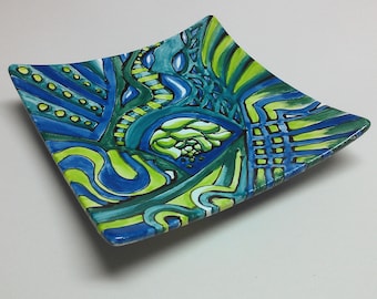 Small hand painted ceramic 7" square plate, with blues and greens