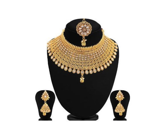 Indian Bollywood Gold Plated Kundan Pearl Necklace Earring Tikka Wedding Jewelry
