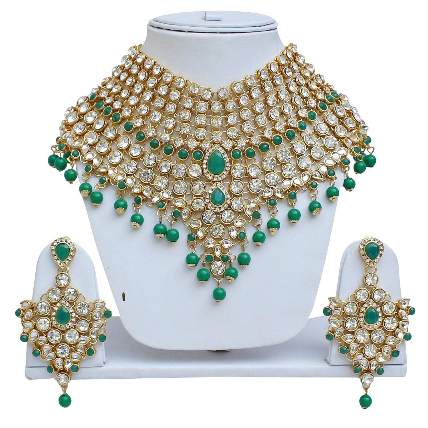 Bridal Green Maang Tikka Earring Bollywood KUNDAN Indian Pearl Wedding Jewelry