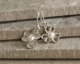 10 Year Anniversary Tin Flower Earrings with Pearl inset. Tin Jewelry Designed & Crafted in Cornwall. 10 Year Wedding Anniversary Jewellery.