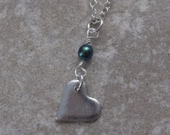 Tin Heart Necklace, Green Glass Bead - 10th Anniversary Gift