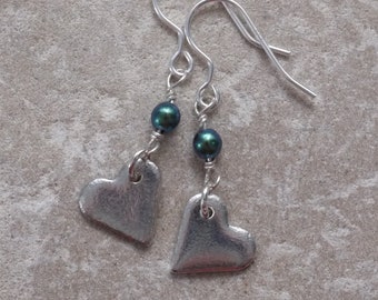 Tin Heart Earrings with Green Glass Bead, 10 Year Anniversary Gift