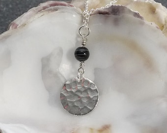 Hammered Tin Disc Necklace with Agate Bead. Sterling Silver Chain.