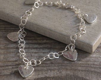 Tin Heart Charms on Sterling Silver Bracelet. 10th Wedding Anniversary Jewellery Gift.