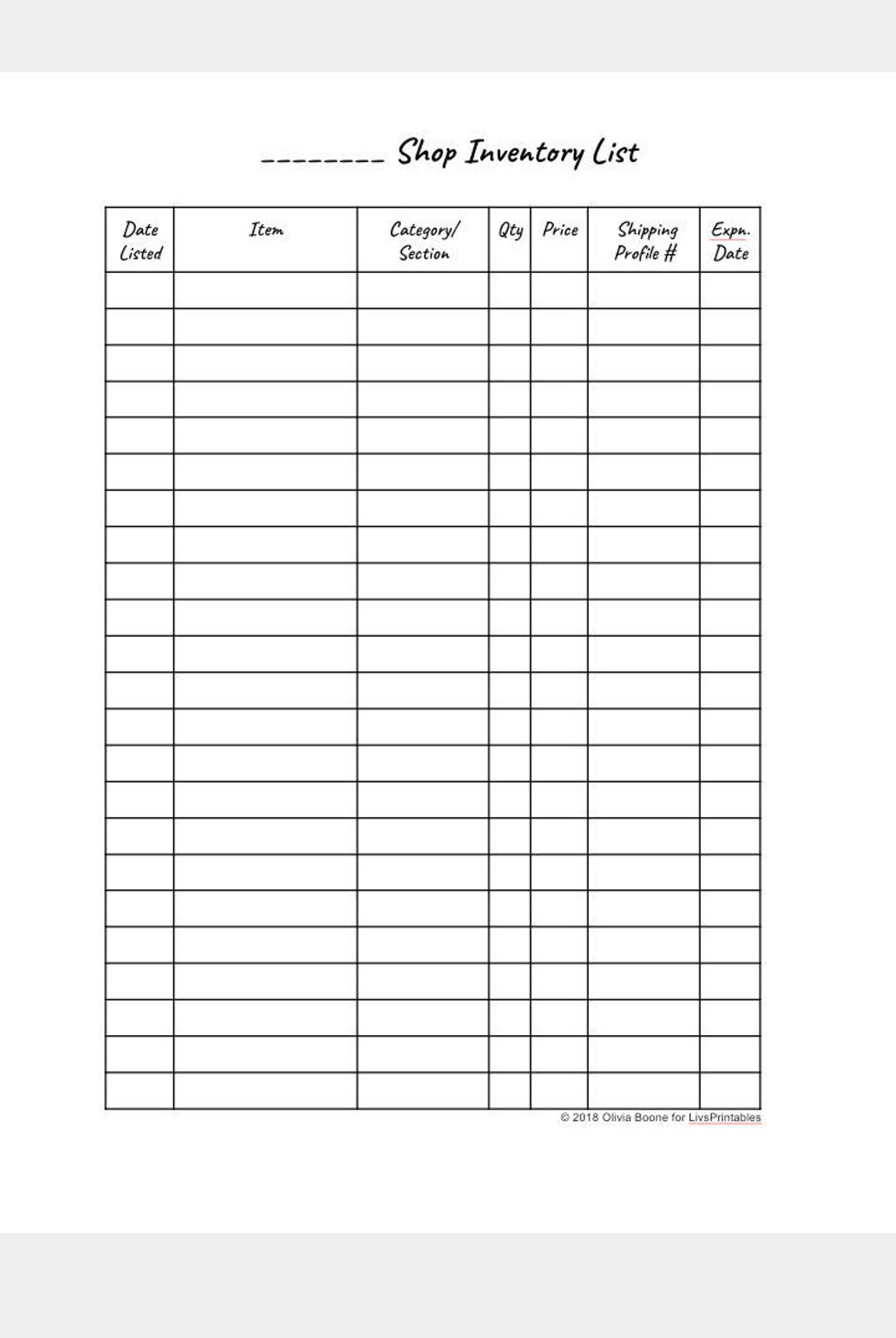 Shop Inventory List Printable Pdf Printable Business Etsy Australia