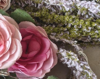 Rare ANTIQUE MOSS ROSE Wired Millinery Trim Cotton Moss Green & Lavender Flower Making Trim Ribbonwork 1/4" Wide X 1/2 Yard