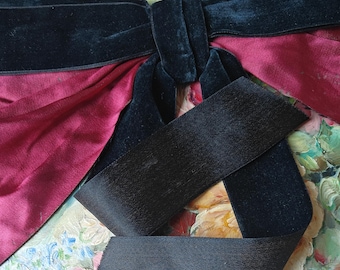 Antique Victorian Rare Black SILK VELVET & burgundy Mohair ? BOW Millinery Ribbon Dress Trim
