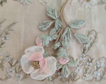 Antique Vintage Pink Organza Silk Ribbonwork Rose with Rosebuds French Stitched Pale Green Leaves Gold Stems & Stamens 1920s Lingerie Piece