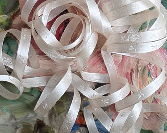 Antique 1920s Millinery Narrow Ribbon All SILK Cream JACQUARD Roses Rosebud Leaves 1/4" Wide by the Yard Insertion Lace Ribbon Doll Bows VTG