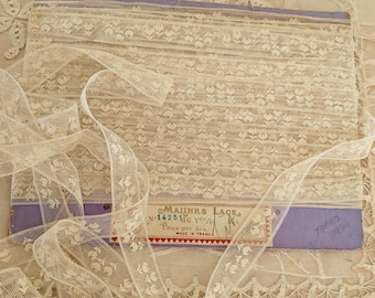 Antique FRENCH Valenciennes Floral Net Lace Off Original Made in France Card Soft Ecru Off White 3/4&quot; Wide by the YARD Insertion Vintage