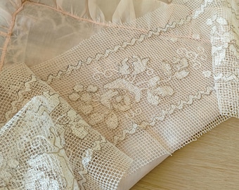 Gorgeous Rare WIDE Floral Net Lace with Embroidered GOLD METAL outlining Roses Leaves and Zig Zag Border 6&quot; Wide X 1/2 Yard more Available