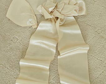 Amazing Edwardian Cream All SILK Satin Wide Antique Wedding SASH Belt Dress Trim Ivory Double Rosette Large Back BOW 4&quot; Display 47&quot; L Vtg