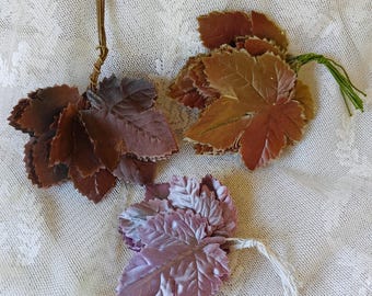 Lot 3 Bunches Vintage Millinery Satin Maple Leaves Ombre Golden Bronze & Lavender Wired Stems Unused Fall Leaf Floral Hat Ribbonwork Corsage