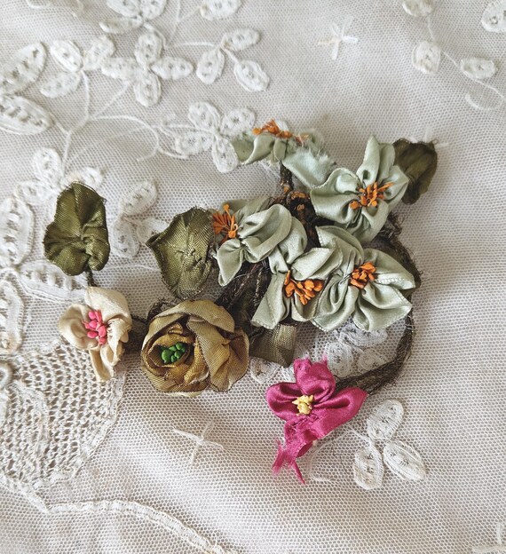 Antique SILK RIBBONWORK Metal Stems Ombre Ribbon Rose Piece Blue Flowers Stamens Leaves Vintage Dress Hat Trim Applique