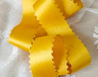 Antique 1920s FRENCH ALL SILK Satin Golden Rod Yellow Ribbon w Picot Edges 1 1/2&quot; Wide X 1 Yard Length More available Vintage Bright Gold