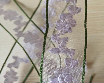 Vintage Sheer Iridescent EMBROIDERED Lavender Floral Ribbon with Green Edge Flowers Millinery Trim 1 YD 2&quot; long X 1 1/4&quot; Long Unused