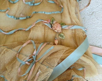 Amazing Antique 1920s Little Girls Net Lace Dress Ribbonwork Rose Flower w Pink & Blue Silk Satin 2 Tone Ribbon details Original Handmade