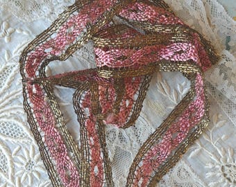 Lovely Antique Metal Gold & Pink Braided Woven Trim Sold by 1/2 Yard X 1" Wide have more available Vintage Metallic