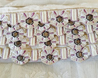 1 Yard Antique Lavender & Cream Silk EMBROIDERED Trim GOLD METAL Threads 1920s Cotton Cut out Design Edging Embroidery Vintage Trim