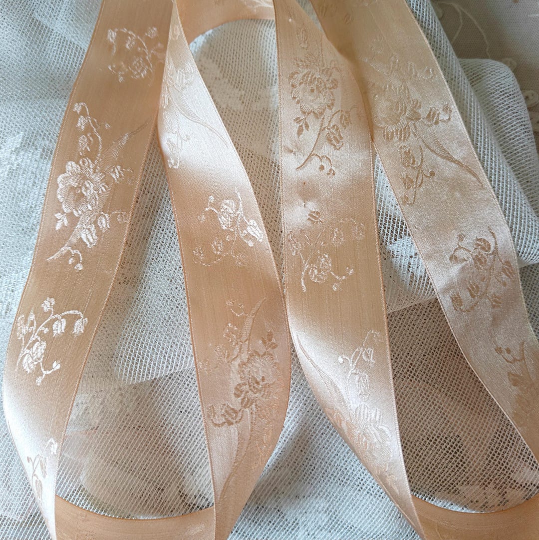 Antique Light PINK JACQUARD Floral Silk Satin Ribbon Roses Lily of ...
