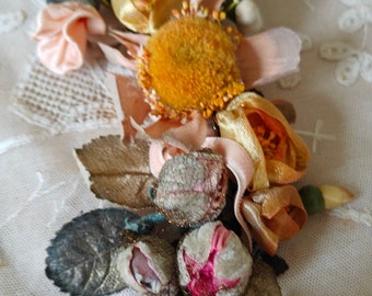 Antique Edwardian Victorian Mixed Floral Garland Silk Ribbonwork Roses Rosebuds Metallic Leaves Netting Millinery Flowers Velvet Ribbon Bows