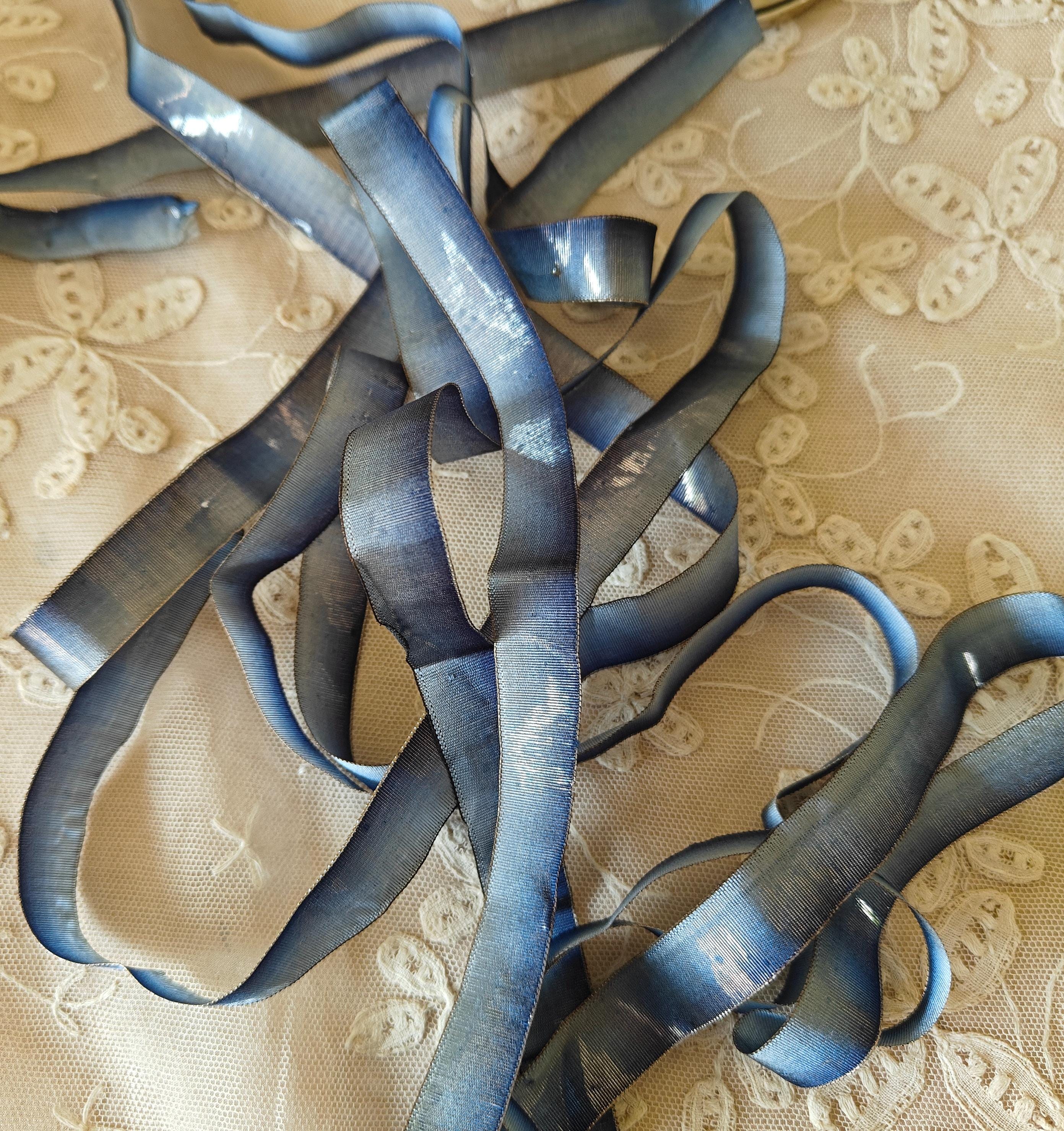 Rare Antique Blue OMBRE SILK & METAL Ribbon Iridescent Gold Woven and Edge Ribbonwork Flowers 1920s Vintage 1/2" Wide Sold by 1/2 Yard More