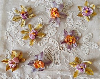 1 Antique FRENCH Ombre Metallic Ribbonwork Silk Ribbon Flowers Applique Metal Ombre Ribbon Stamens Handmade Rosettes Dress Doll Trim
