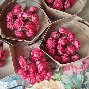 Vintage New OLD Stock Millinery Cerise Pink Clusters or wired tiny Roses Made in Japan Paper Tags 12 Roses in each piece Dolls Hats Projects
