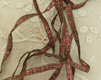 Amazing Antique All METAL Pink & Gold Narrow Woven Trim Aged Gold w Magenta Pink in Center Edwardian 1920s Vintage Doll 1 Ft. X 1/4&quot; Wide
