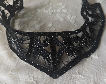 Antique Victorian Black VELVET BEADED Wired COLLAR Dress Trim Vintage Mourning
