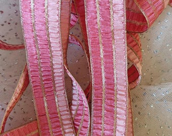 Lovely Antique PINK Ombre GOLD Metallic Ruched Ribbon Trim 1&quot; Wide Gold Metal Threads Vintage 1920s 30s Sold by 1/2 Yard More available