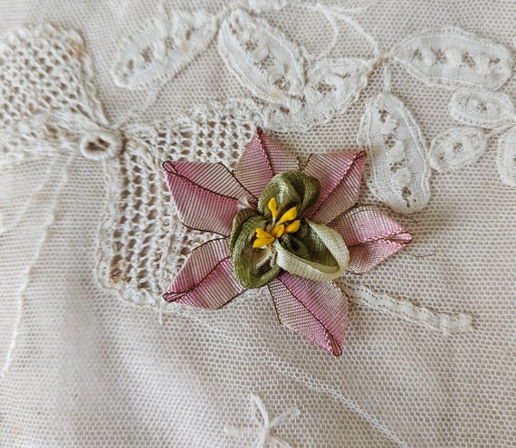 1 Antique FRENCH Ombre Metallic Ribbonwork Pink & Blue Silk Ribbon Flowers Applique Metal Ribbon Stamens Handmade Rosettes Dress Doll Trim