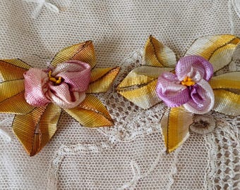 1 Antique FRENCH Ombre Metallic Ribbonwork Silk Ribbon Flowers Applique Metal Ombre Ribbon Stamens Handmade Rosettes Dress Doll Trim