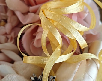 1 Yard Antique Edwardian Yellow SILK Narrow Jacquard Ribbon w Roses Rosebuds 3/16&quot; Wide Insertion Vintage Doll Lingerie Trim Embroidery 1920