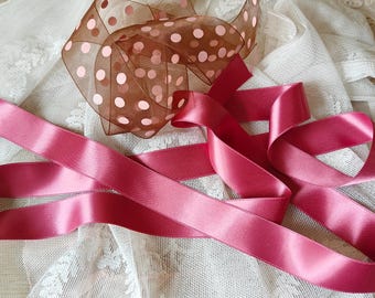 Gorgeous Shade of ROSE PINK Satin Ribbon Double Sided 1&quot; Wide X 5 Ft. Long & Fun Sheer Polka Dot 1 1/2&quot; Wide Super Soft with Beautiful Sheen