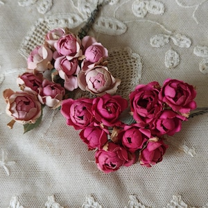 1 Sweetest Vintage PINK Shades Trio of Tiny Millinery ROSES Green Leave Cabbage Rose type Cupped Petals Wired Stems Doll Display Floral Trim