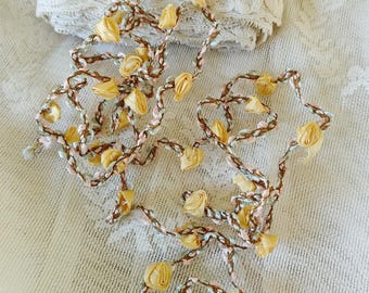 Antique FRENCH SILK RIBBONWORK Rococo Trim Yellow Silk Roses atop Pink & Aqua Blue Woven Braid w Gold Metal Threads 10&quot; Long Doll Rosettes