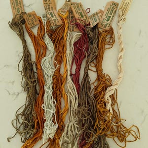 Lot 10 Antique Warm Tones SILK Embroidery FLOSS Rope & Grecian RICHARDSON'S Corticelli Old Tags Golds Green White Plum Cooper Skeins Vintage