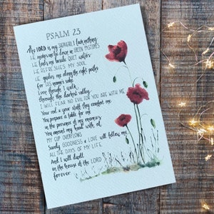 The Lord is my shepherd. Bible verse print of Psalm 23, hand-lettered with watercolour poppy illustration.
