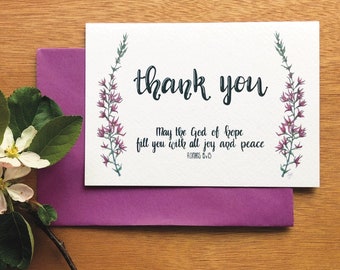 Christian thank you card with hand-lettered bible verse and hand-painted flower design. May the God of hope fill you with all joy and peace.
