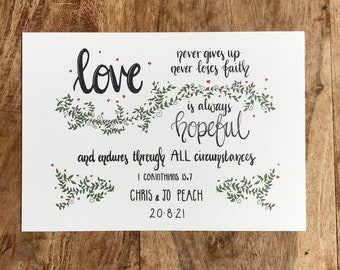Christian wedding gift. Personalised bible verse print. Hand lettered bible verse, 1 Corinthians 13. Christian anniversary gift.