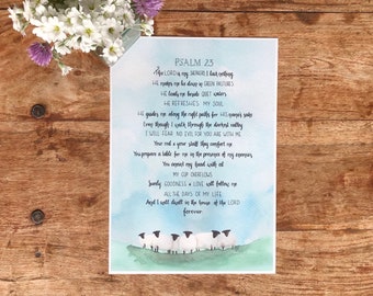 Psalm 23, hand lettered bible verse print with painted sheep. Lovely print of this beautiful psalm, The Lord is my shepherd. Christian gift.