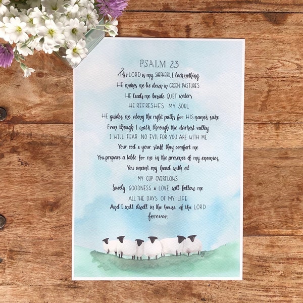 Psalm 23, hand lettered bible verse print with painted sheep. Lovely print of this beautiful psalm, The Lord is my shepherd. Christian gift.