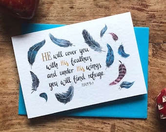 Christian bible verse card, He will cover you with His wings. Christian sympathy card. Christian card for someone going through a hard time.