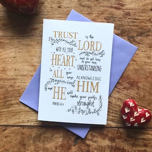 Christian greetings card. Christian prayer card. Scripture card featuring the hand-lettered Bible verses from Proverbs 3.